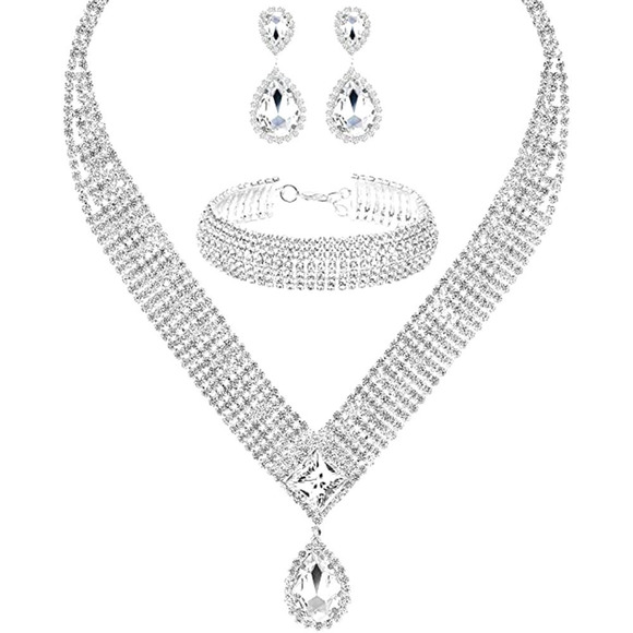 Boutique Jewelry - Rhinestone Necklace Bangle Bracelet Crystal Teardrop Dangle Earrings Set Bridal